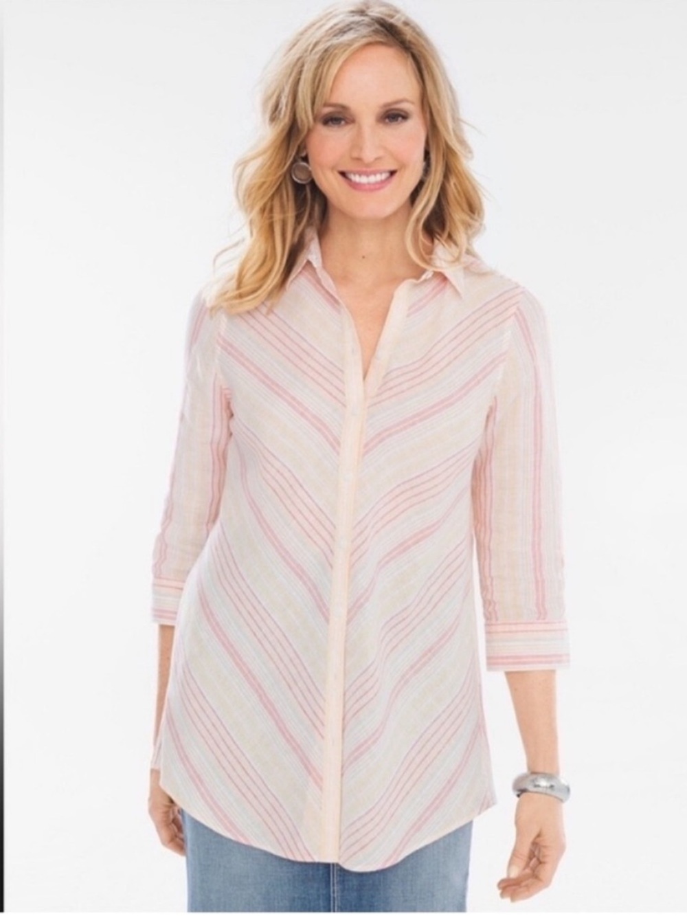 Chico's No-Iron Linen Coastal Resortwear Striped Loop-Back 3/4th Sleeve Tunic